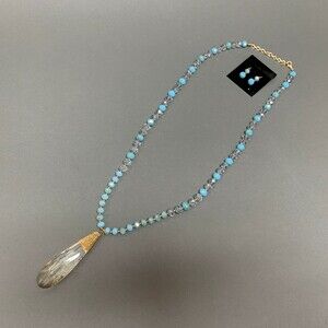 Women's Long Necklace Earrings Set Blue Clear Beaded Gold-tone NWOT
